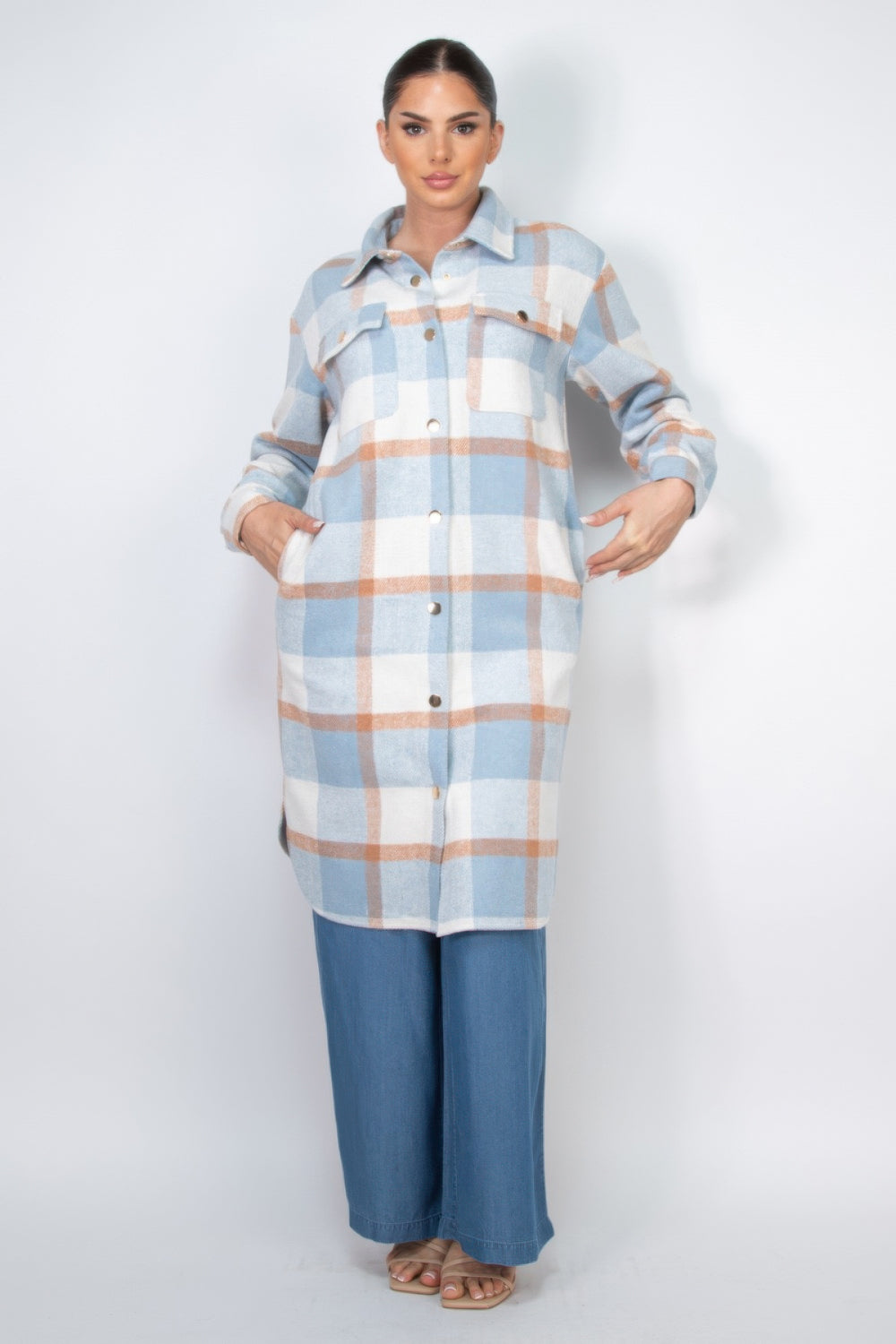 Long Plaid Buttoned Shacket Coat
