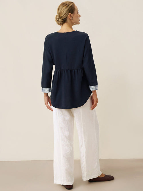 Organic Cotton Patchwork Cuff Button Decor Top AUDREY