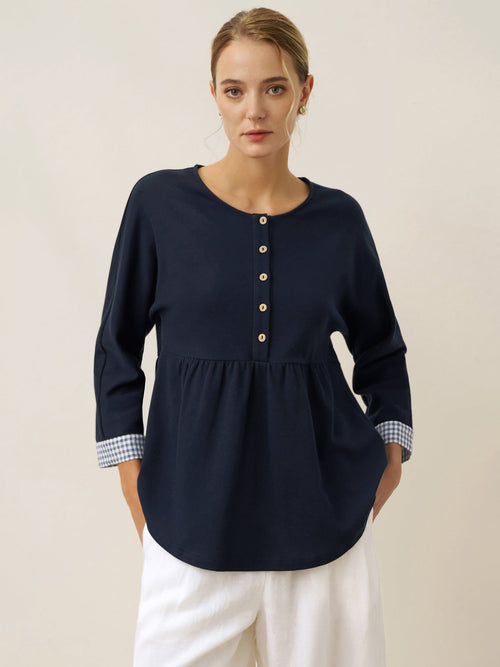 Organic Cotton Patchwork Cuff Button Decor Top AUDREY