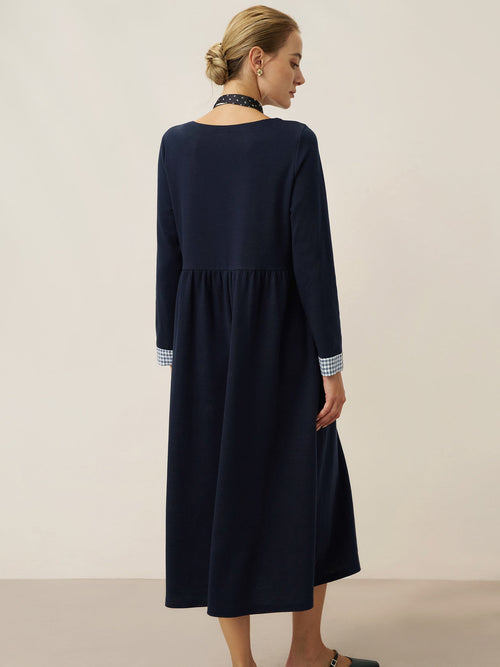 Organic Cotton Patchwork Cuff Crew Neck Casual Midi Dress SCARLETT