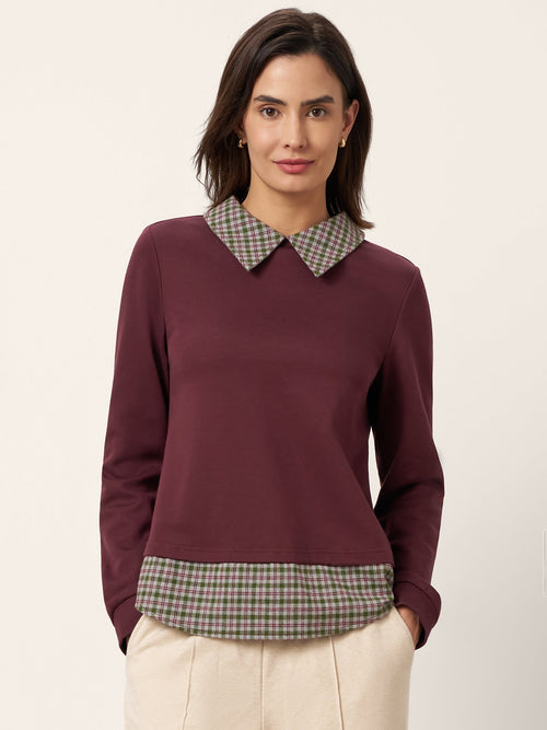 Cotton Plaid Panel Long-Sleeve Top RAYNA