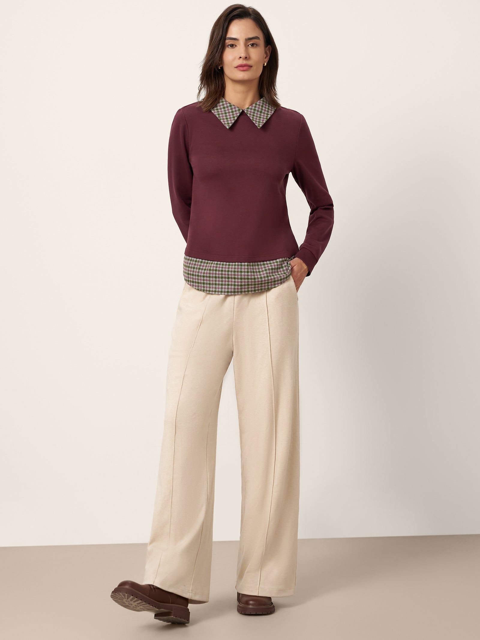 Cotton Plaid Panel Long-Sleeve Top RAYNA