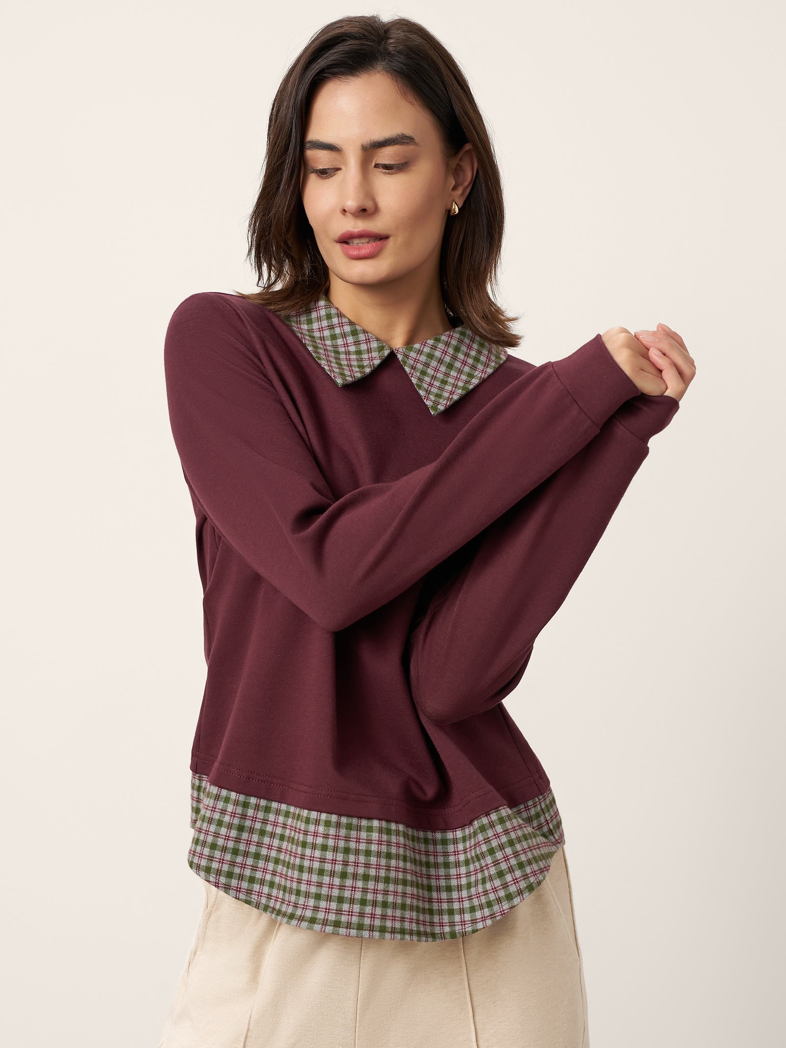 Cotton Plaid Panel Long-Sleeve Top RAYNA