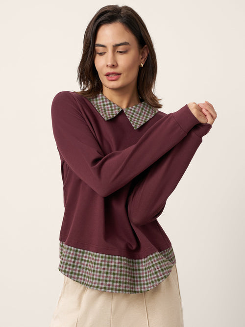 Cotton Plaid Panel Long-Sleeve Top RAYNA
