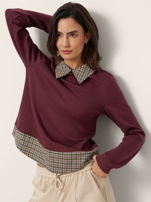 Cotton Plaid Panel Long-Sleeve Top RAYNA