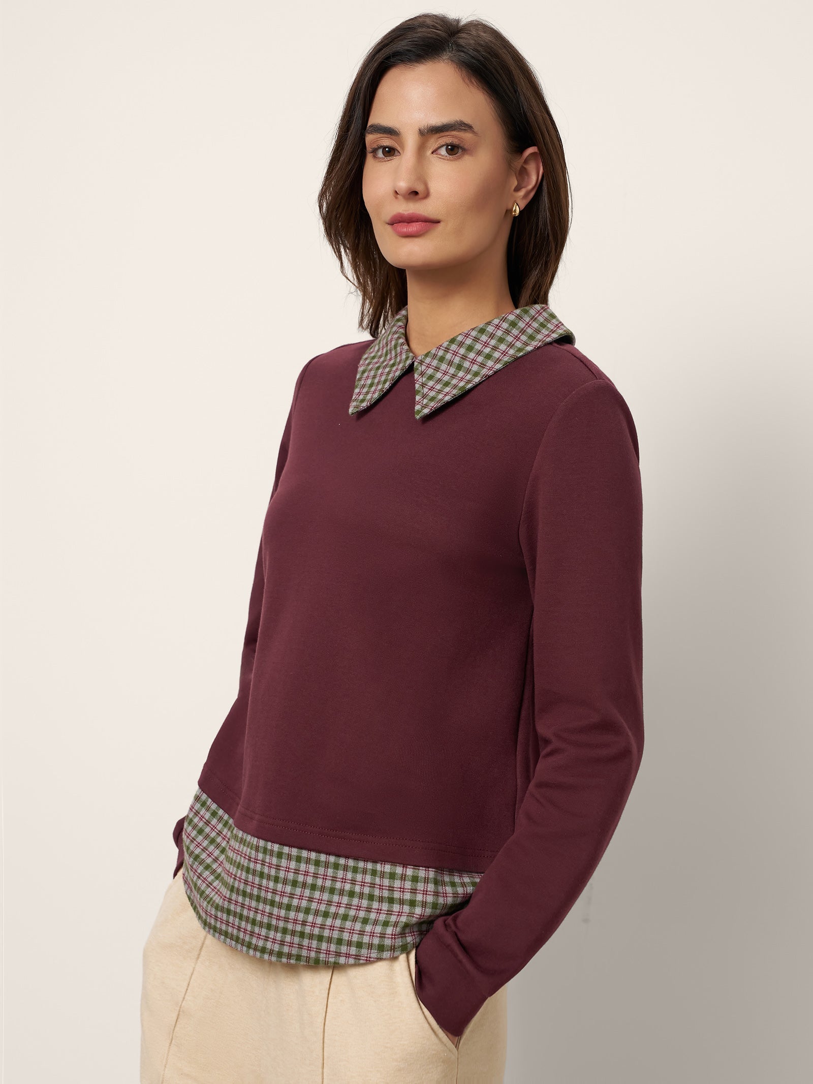 Cotton Plaid Panel Long-Sleeve Top RAYNA