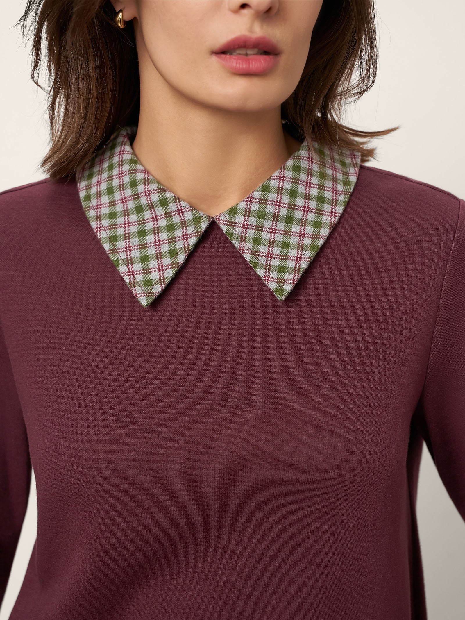 Cotton Plaid Panel Long-Sleeve Top RAYNA