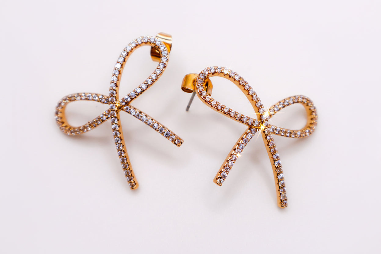 Golden Bow Tie Sparkle Earrings - Elegant Accessory