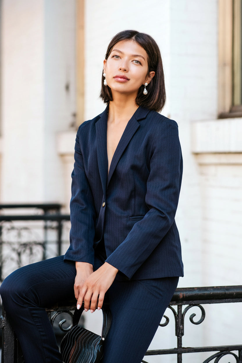 Navy Peak-Lapels Single-Breasted Blazer – Women’s Tailored Jacket