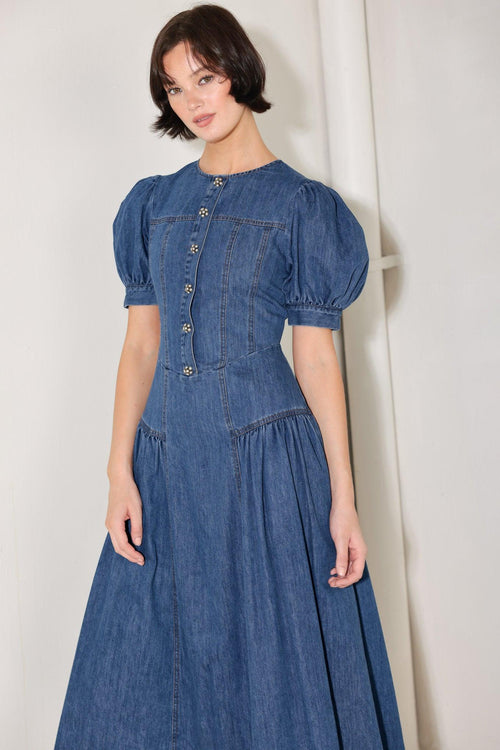 MIDDAY IN BLUE DENIM MIDI DRESS