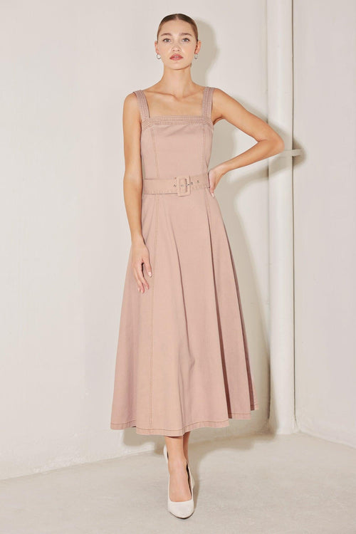 ELEVATED NEUTRAL BLUSH WOVEN MIDI DRESS