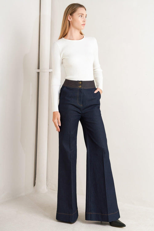 FLYING TOMATO Women's Bell Wide-leg Dark Denim Pant