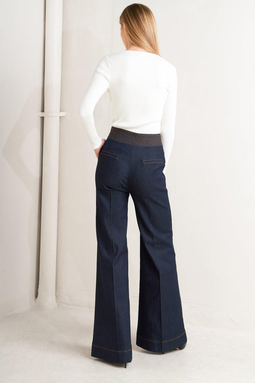FLYING TOMATO Women's Bell Wide-leg Dark Denim Pant