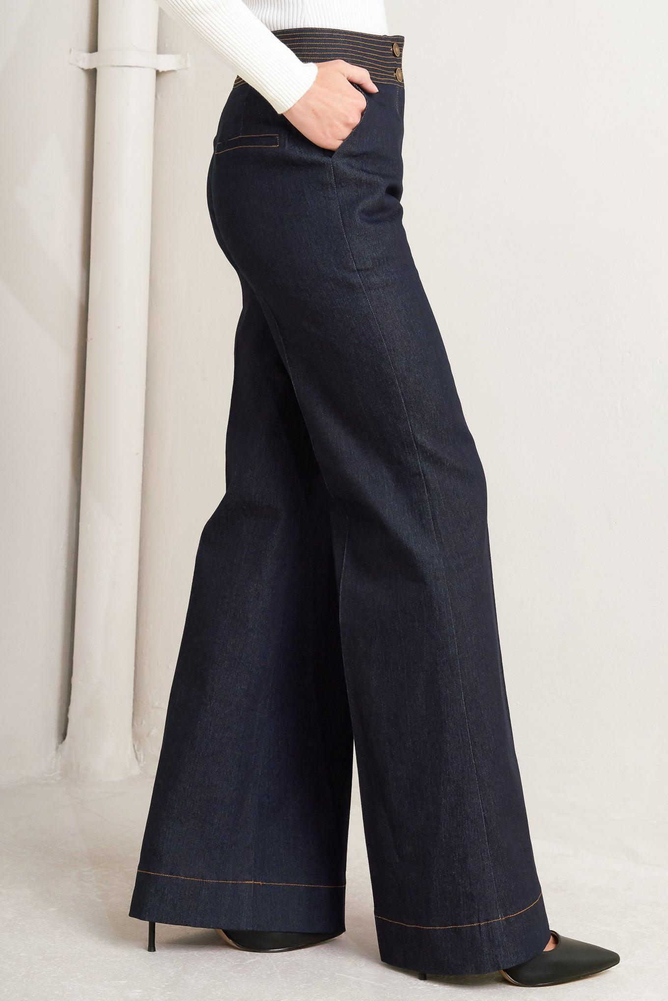 FLYING TOMATO Women's Bell Wide-leg Dark Denim Pant