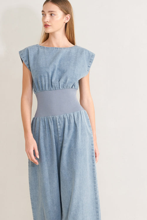 FLYING TOMATO Women's Boatneck Snatched Wait Dress Denim Jumpsuit