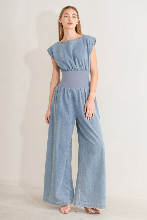 FLYING TOMATO Women's Boatneck Snatched Wait Dress Denim Jumpsuit