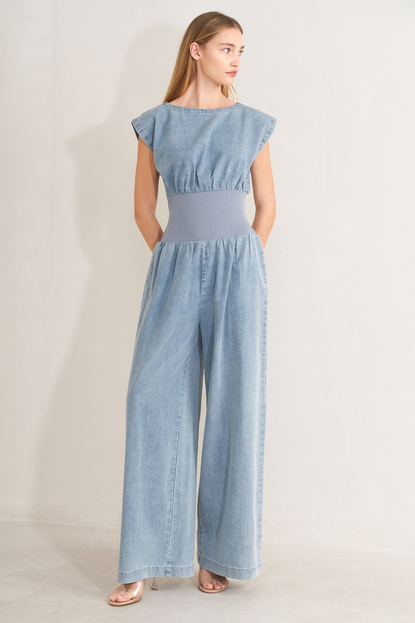 FLYING TOMATO Women's Boatneck Snatched Wait Dress Denim Jumpsuit