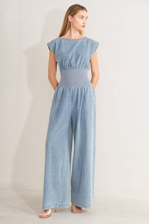 FLYING TOMATO Women's Boatneck Snatched Wait Dress Denim Jumpsuit