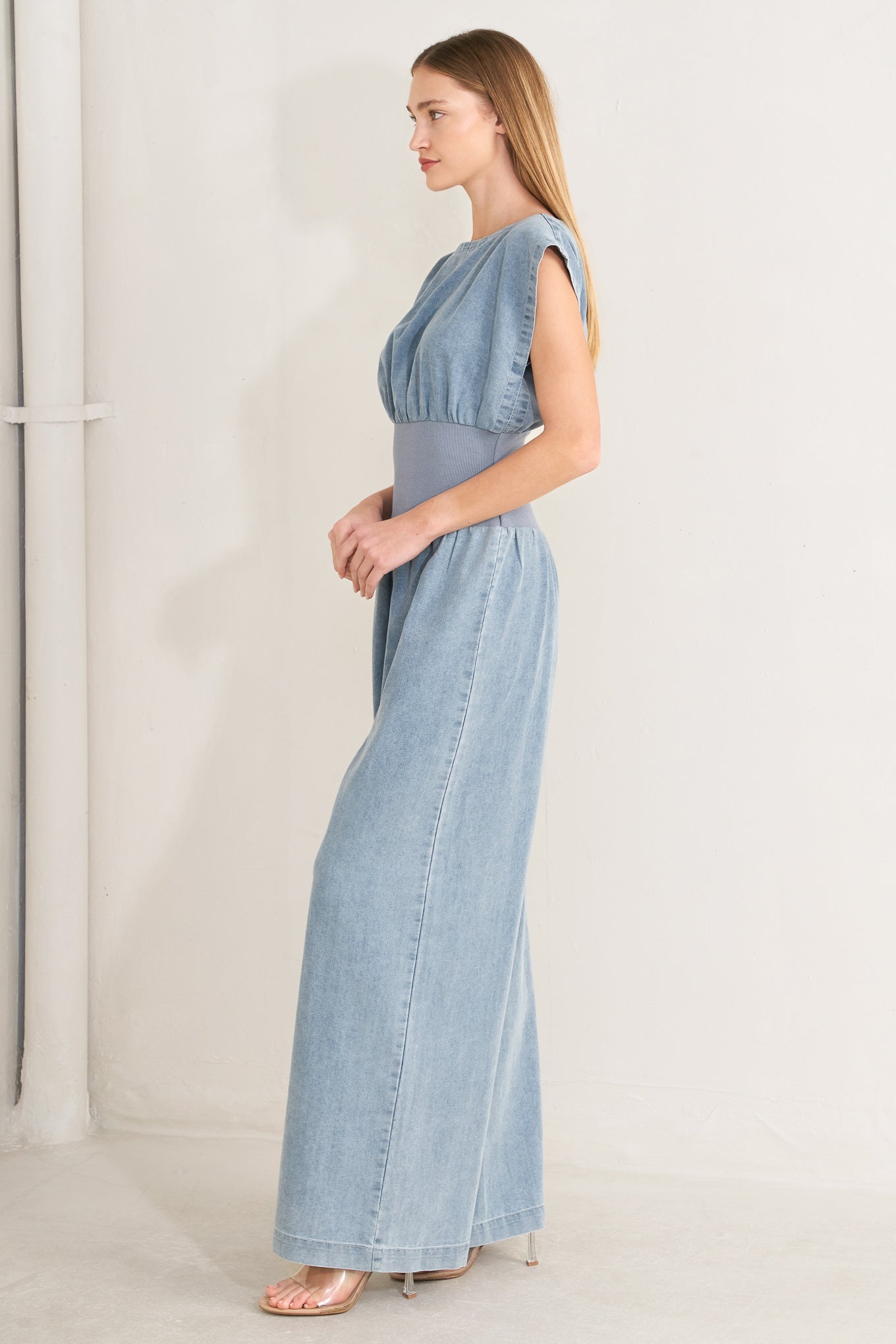 FLYING TOMATO Women's Boatneck Snatched Wait Dress Denim Jumpsuit