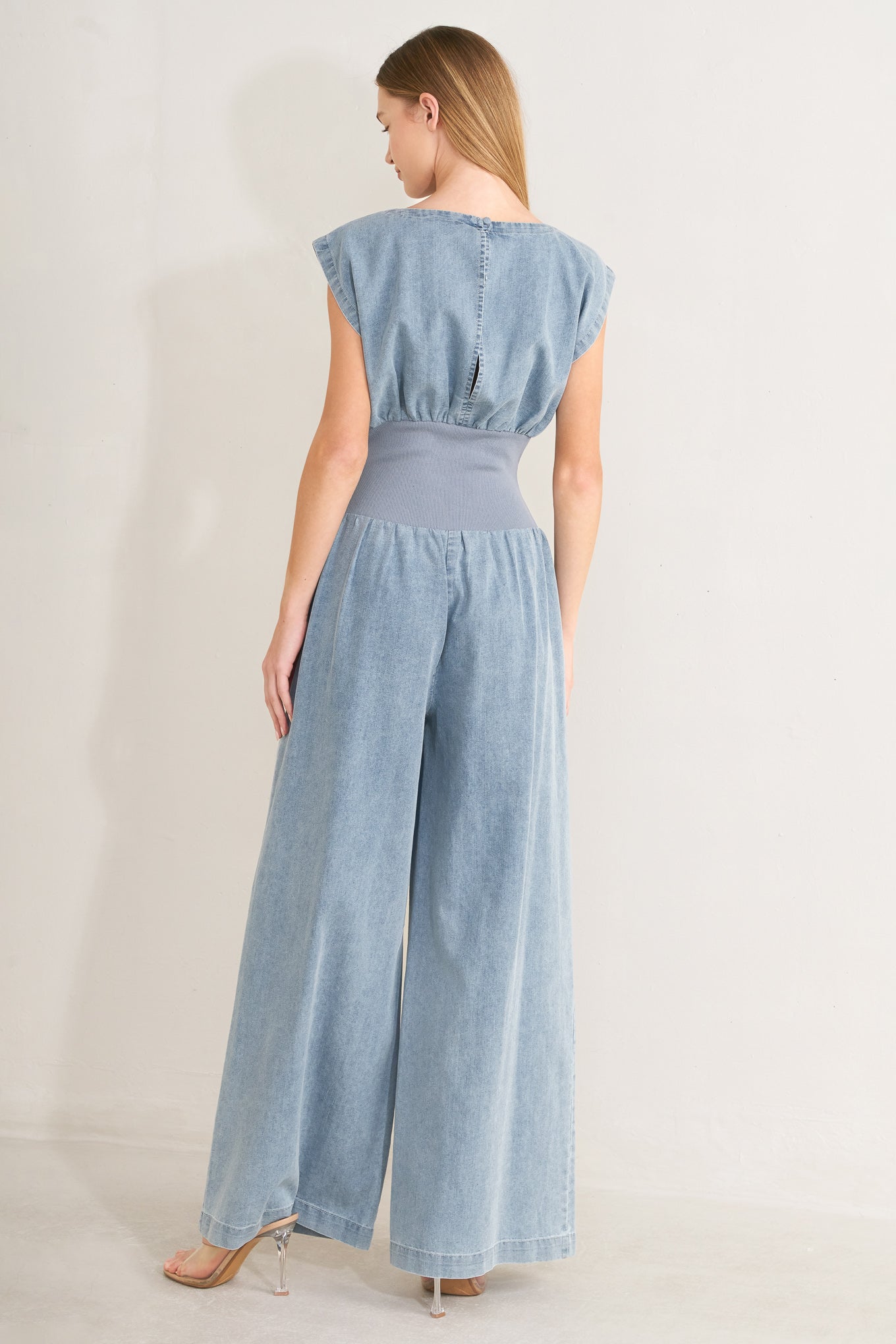 FLYING TOMATO Women's Boatneck Snatched Wait Dress Denim Jumpsuit