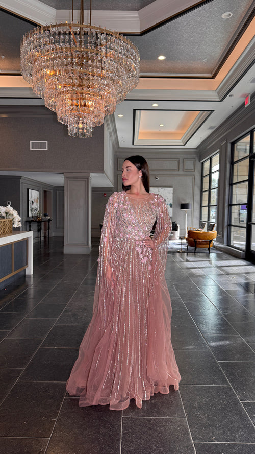 Inaya Long Drape Sleeves Beaded A-line Gown