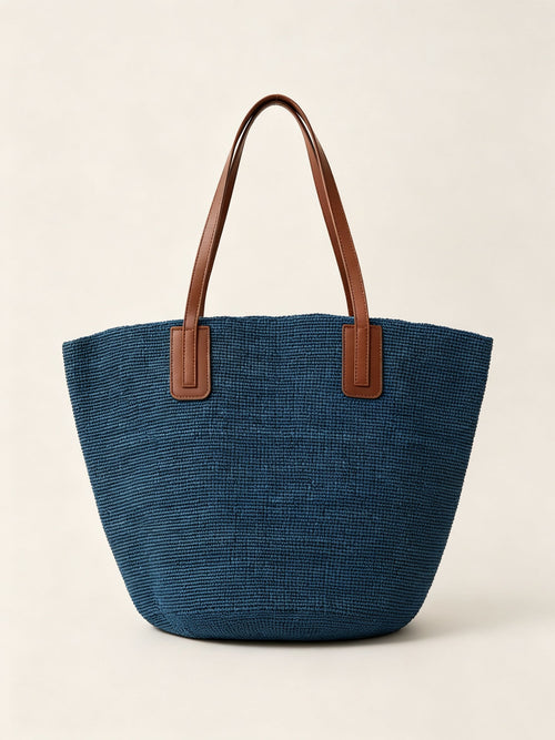 Handwoven Raffia Tote Bag With Leather Handles