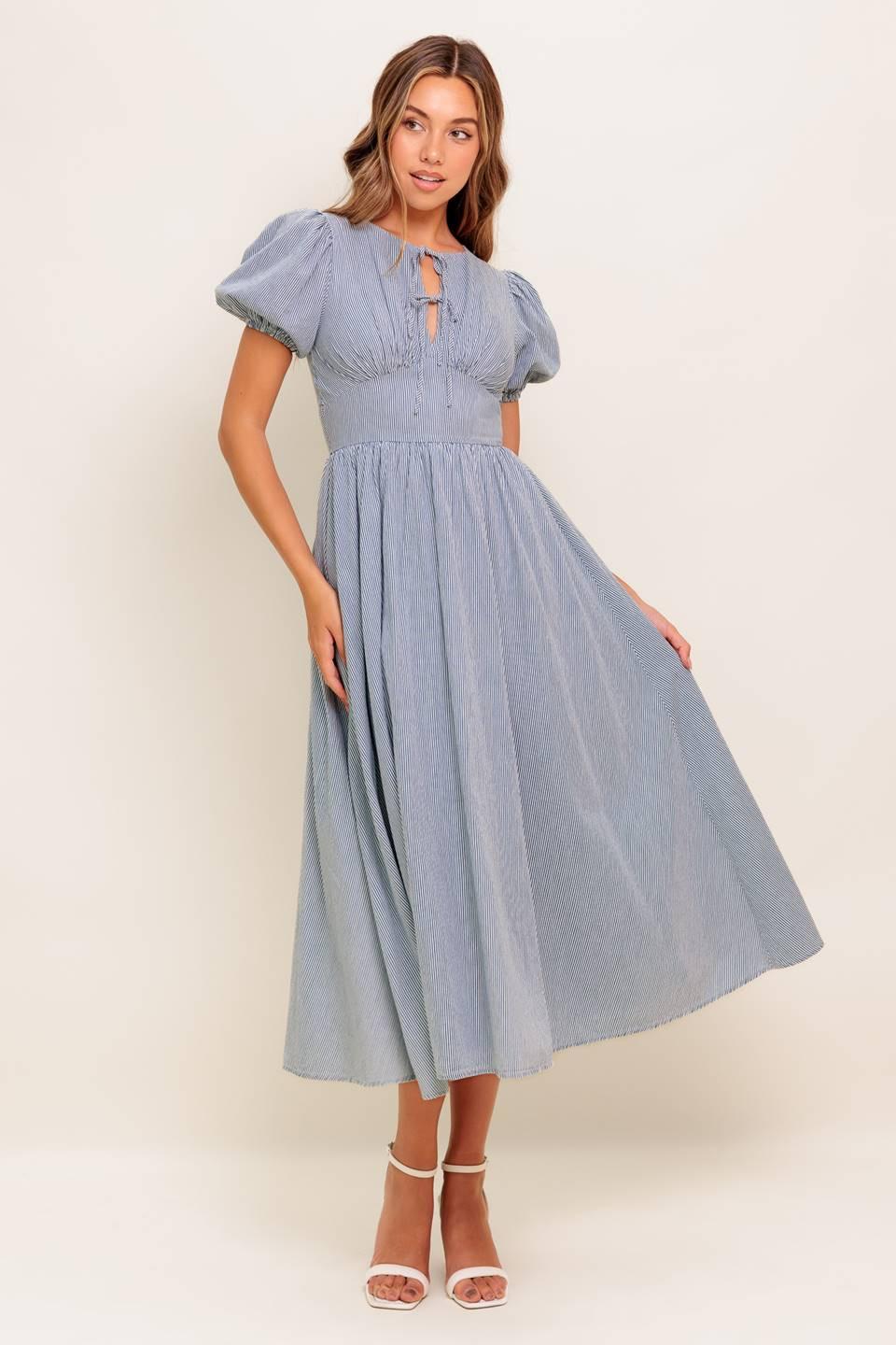 COZY GARDEN IVORY BLUE WOVEN MIDI DRESS