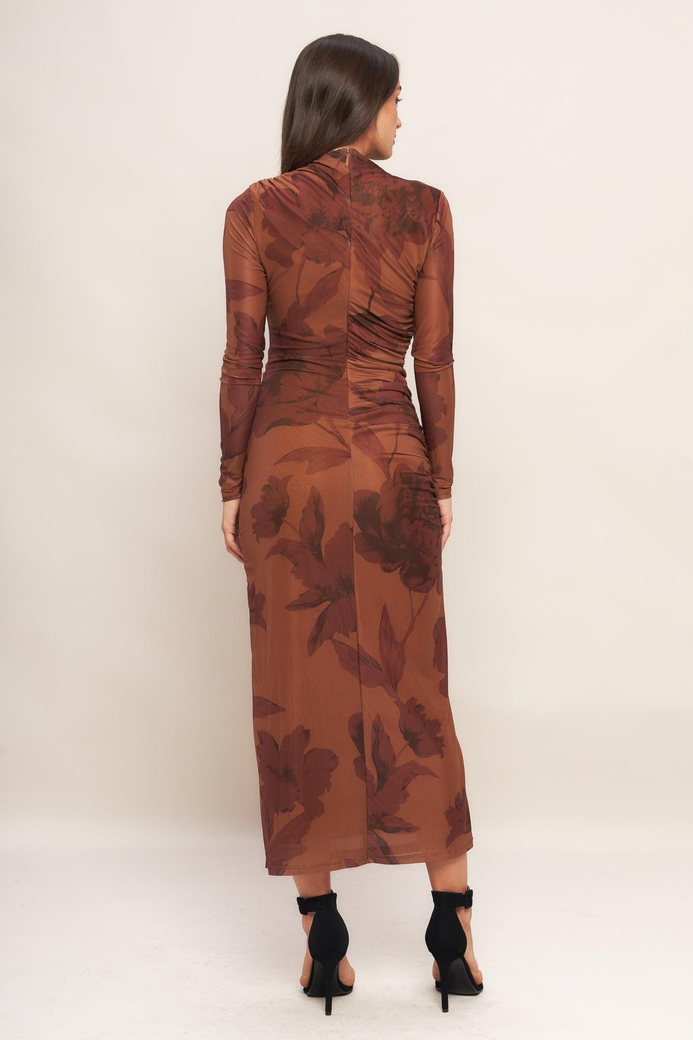 AMBER FLORA POWER MESH MIDI DRESS