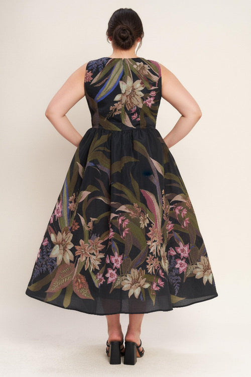 FOLIAGE WHISPER WOVEN MIDI DRESS