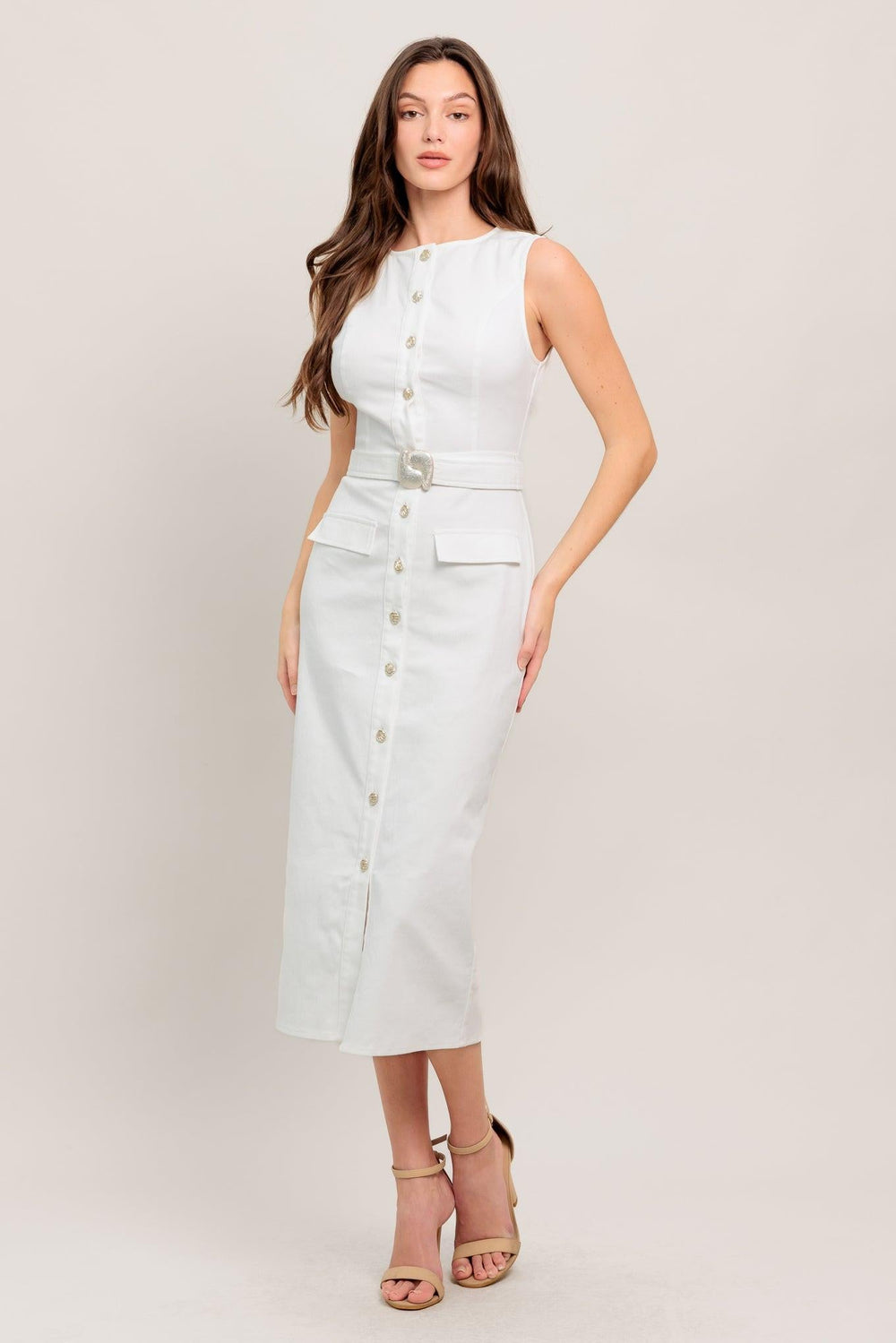 FLYING TOMATO Women's White Denim Twill Midi Belted Pencil Dress