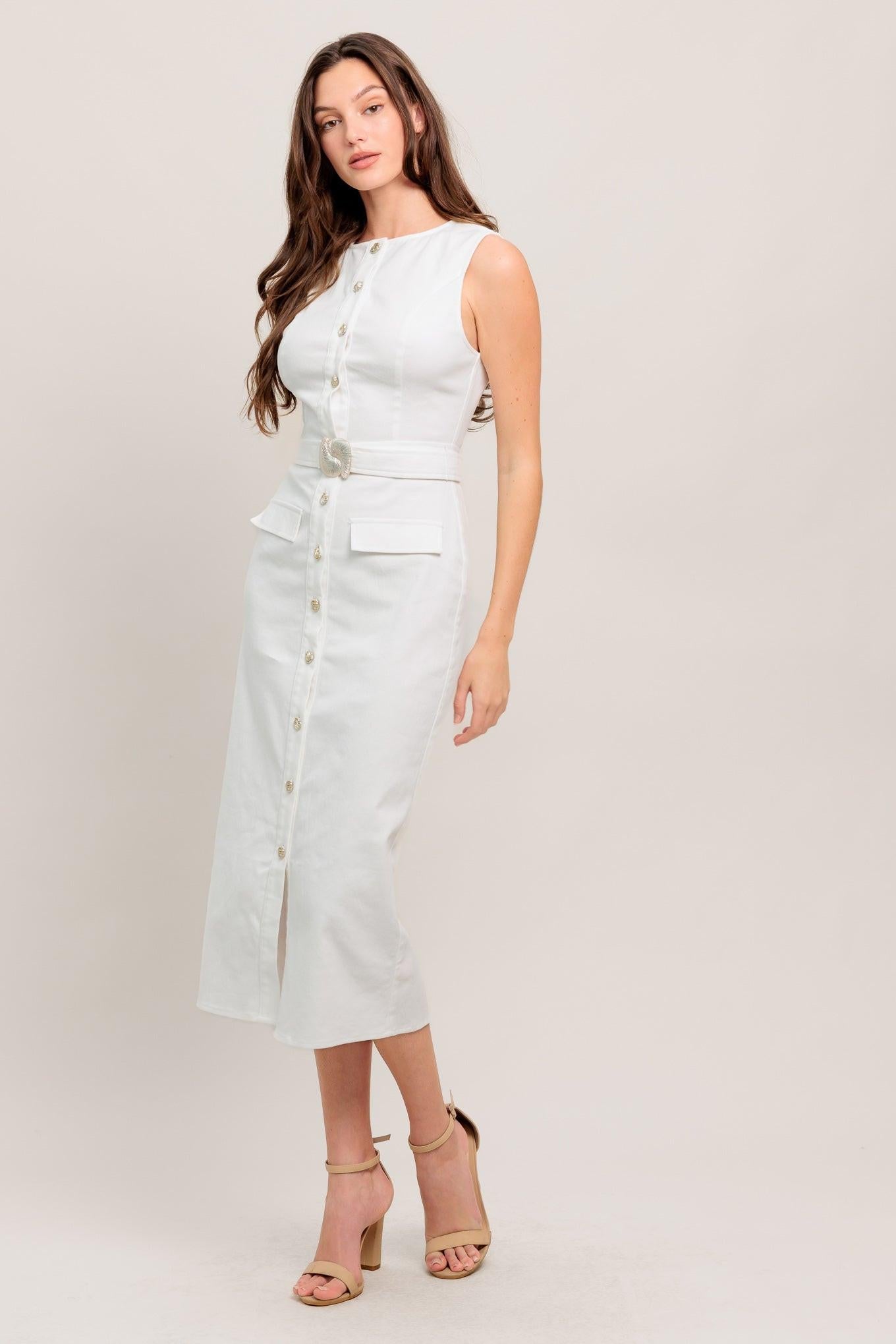 FLYING TOMATO Women's White Denim Twill Midi Belted Pencil Dress