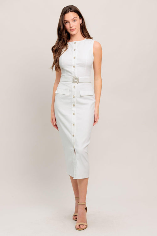 FLYING TOMATO Women's White Denim Twill Midi Belted Pencil Dress