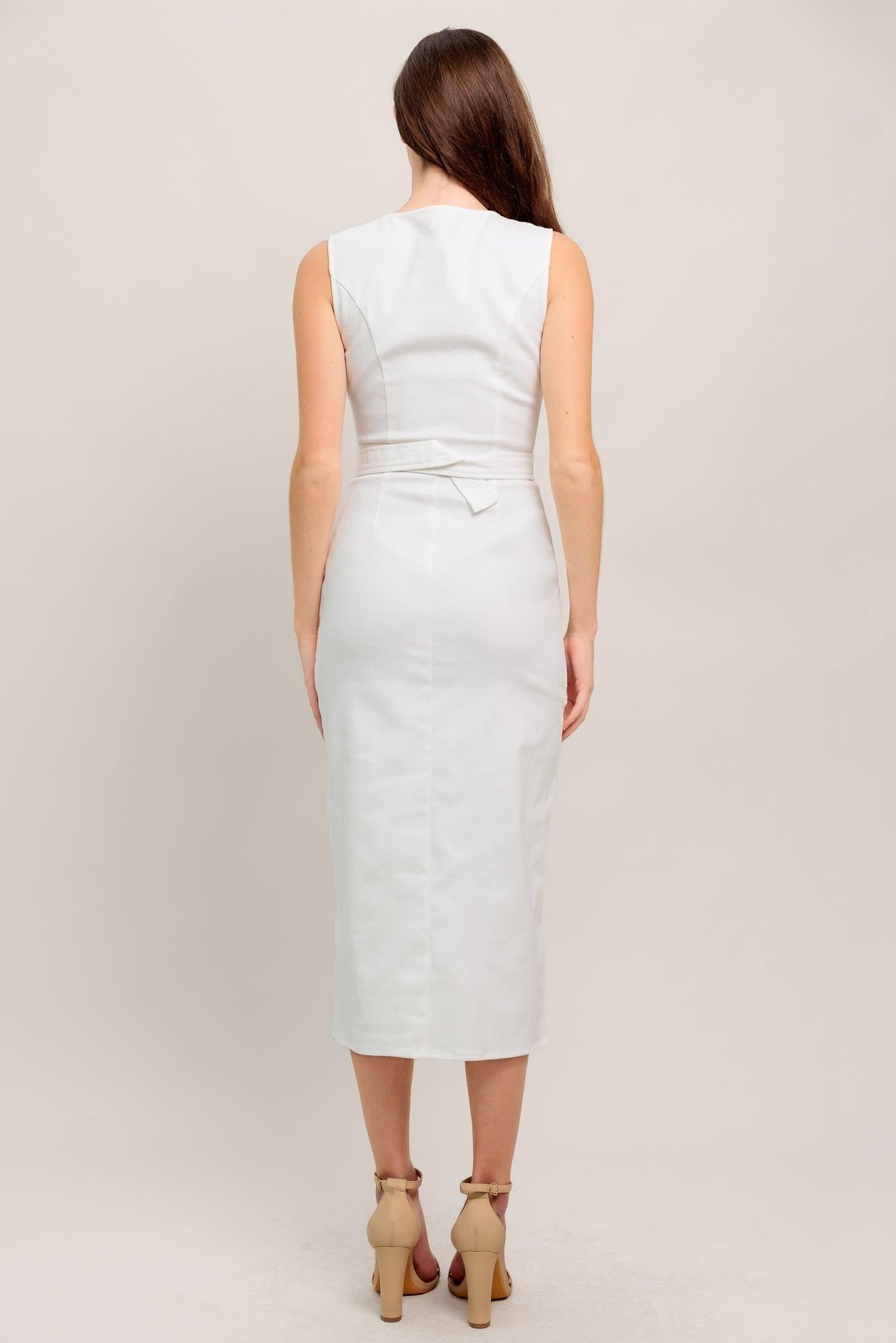FLYING TOMATO Women's White Denim Twill Midi Belted Pencil Dress