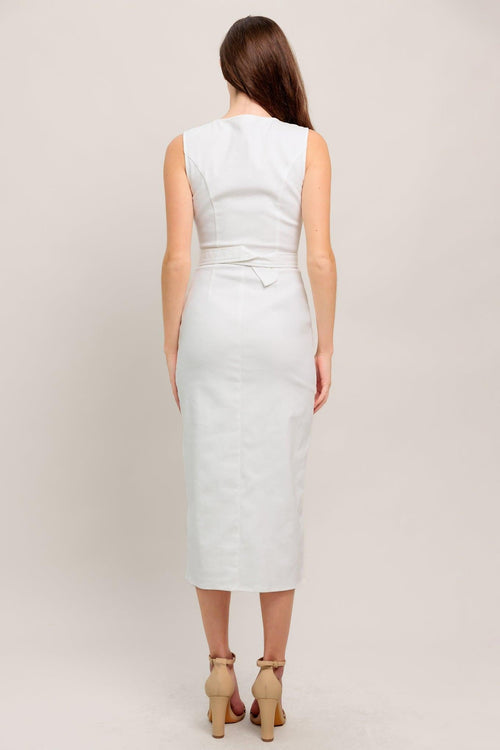 FLYING TOMATO Women's White Denim Twill Midi Belted Pencil Dress