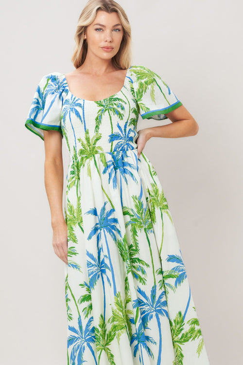 PALM ESCAPADE WOVEN MIDI DRESS