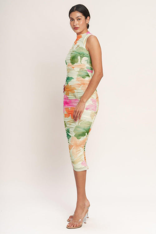 COLORFUL CONFIDENCE POWER MESH MIDI DRESS