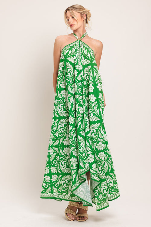 EMERALD BLOOM WOVEN MIDI SCARF DRESS