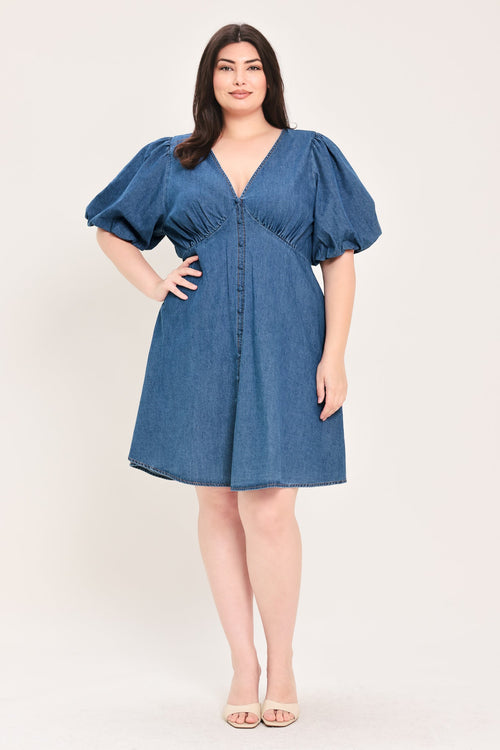 FLYING TOMATO Women's Full-size Soft Girl Buffed Sleeves V-neck Mini Denim Dress