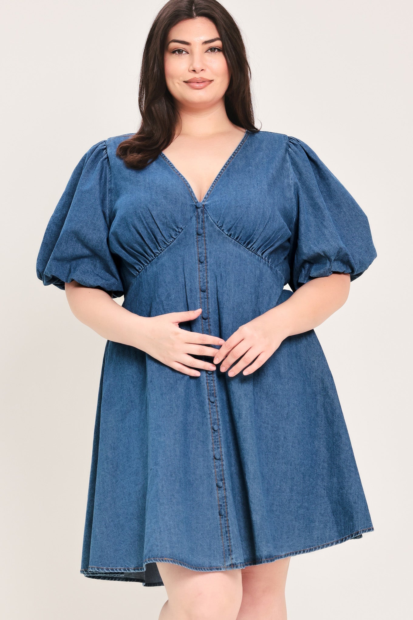 FLYING TOMATO Women's Full-size Soft Girl Buffed Sleeves V-neck Mini Denim Dress