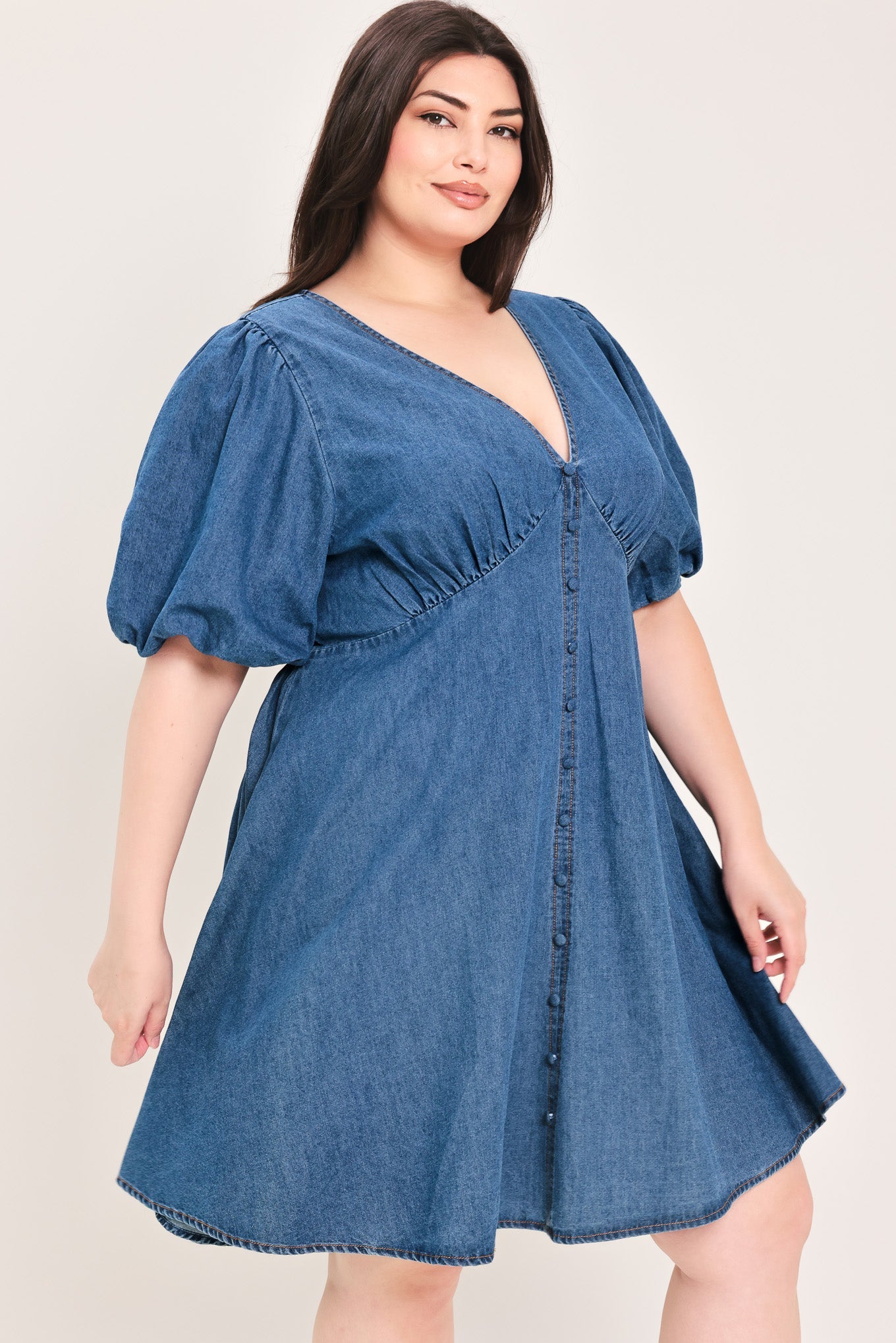 FLYING TOMATO Women's Full-size Soft Girl Buffed Sleeves V-neck Mini Denim Dress