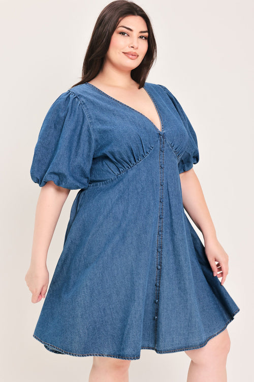FLYING TOMATO Women's Full-size Soft Girl Buffed Sleeves V-neck Mini Denim Dress
