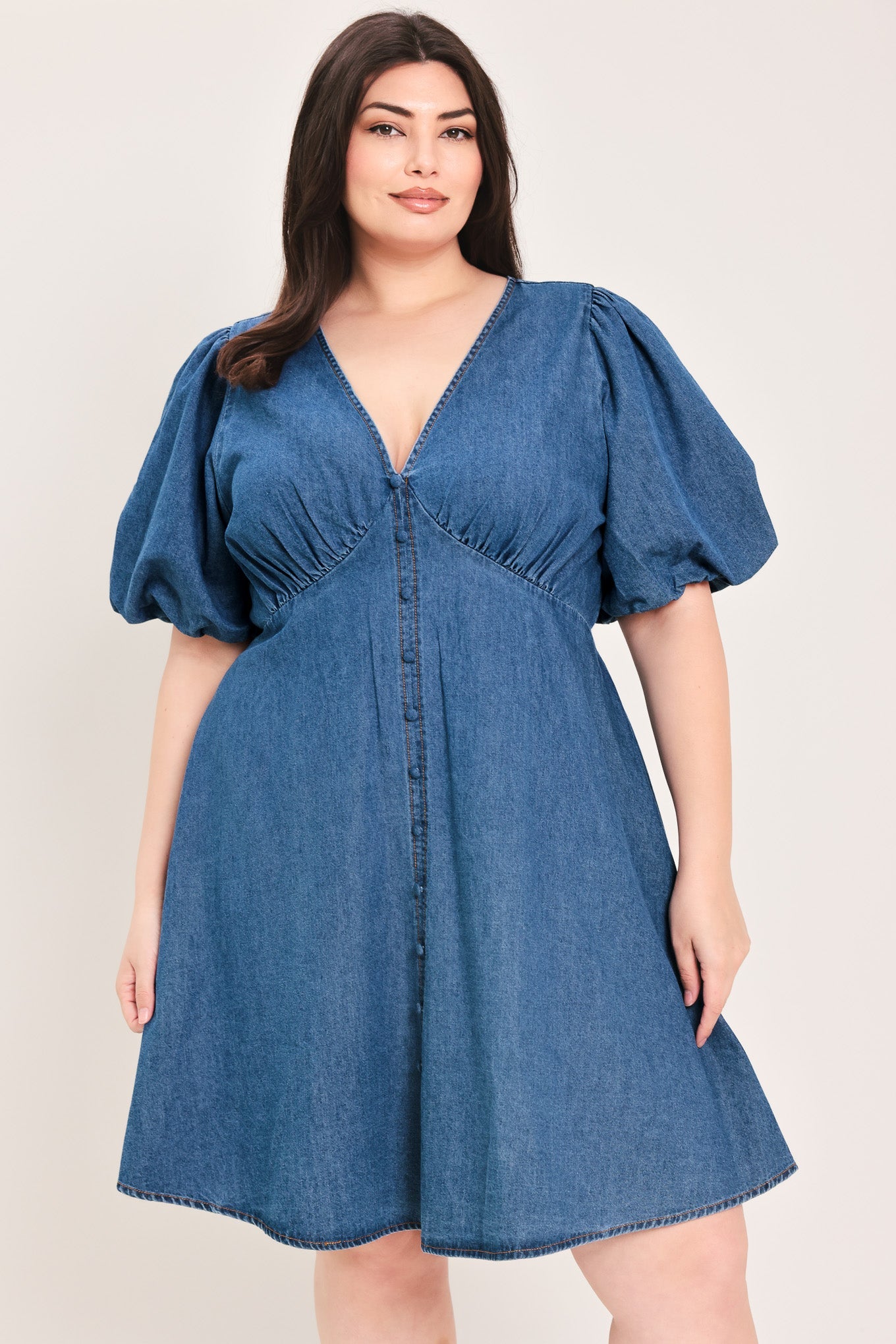 FLYING TOMATO Women's Full-size Soft Girl Buffed Sleeves V-neck Mini Denim Dress