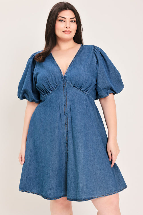 FLYING TOMATO Women's Full-size Soft Girl Buffed Sleeves V-neck Mini Denim Dress