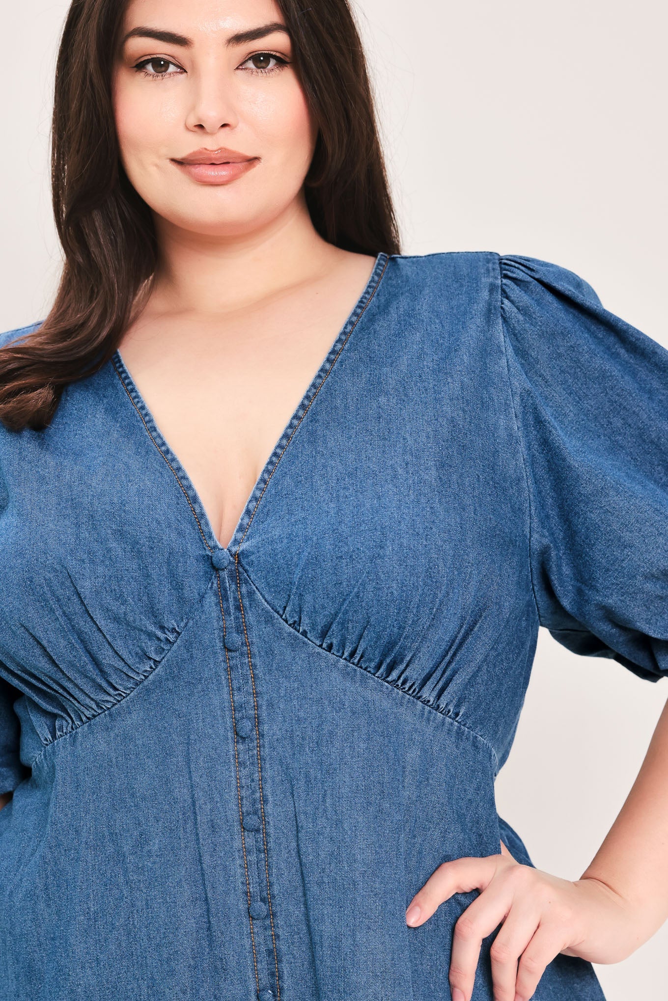 FLYING TOMATO Women's Full-size Soft Girl Buffed Sleeves V-neck Mini Denim Dress