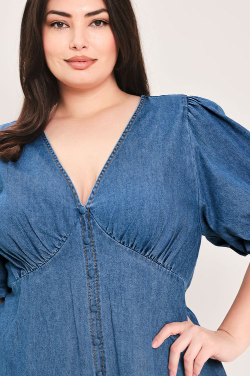 FLYING TOMATO Women's Full-size Soft Girl Buffed Sleeves V-neck Mini Denim Dress