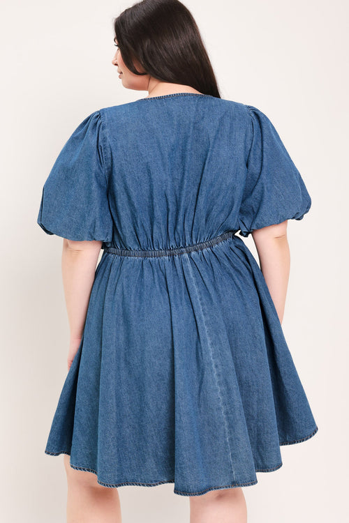 FLYING TOMATO Women's Full-size Soft Girl Buffed Sleeves V-neck Mini Denim Dress