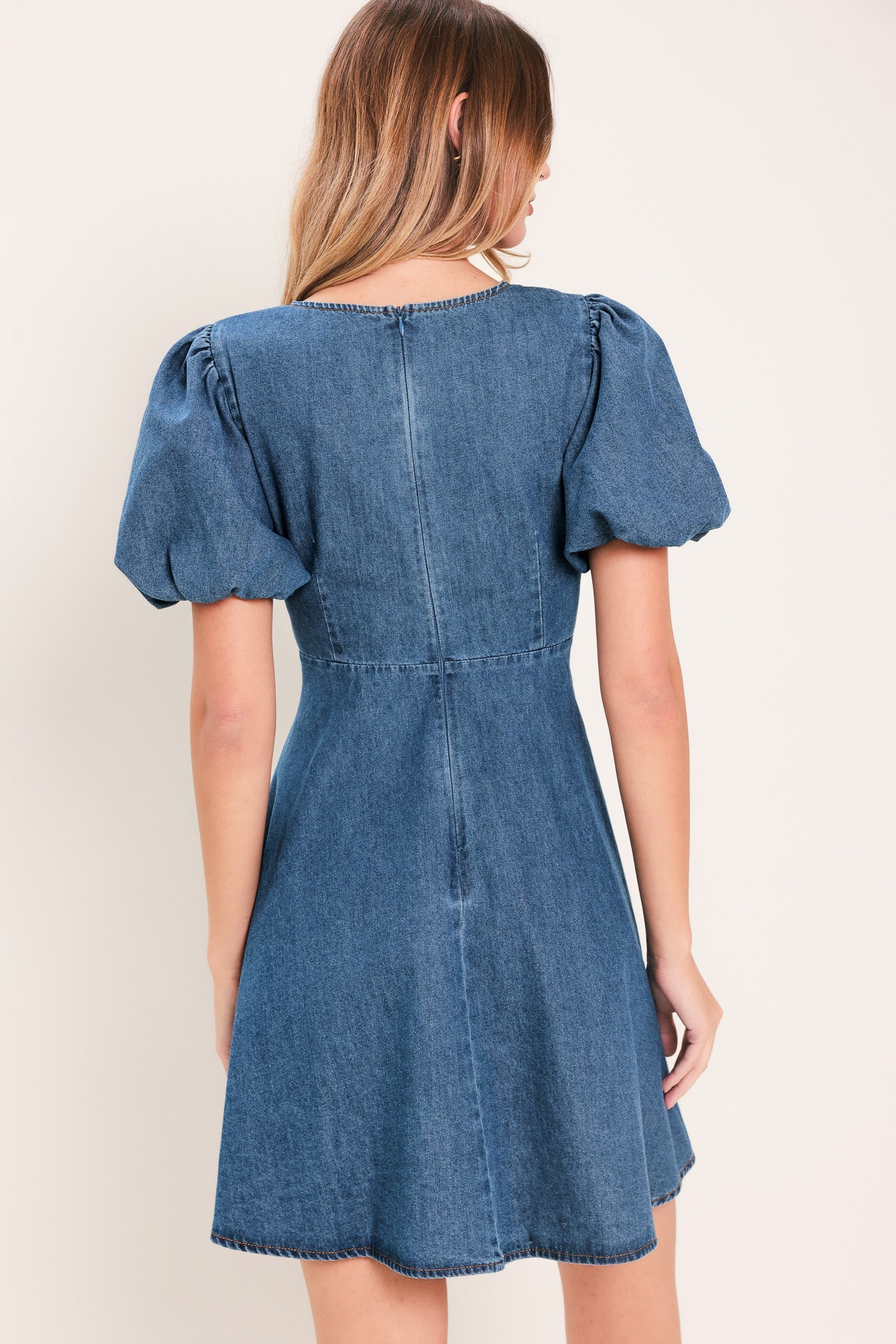 FLYING TOMATO Women's Full-size Soft Girl Buffed Sleeves V-neck Mini Denim Dress