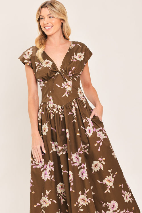 BROWN DAISY WOVEN MIDI DRESS