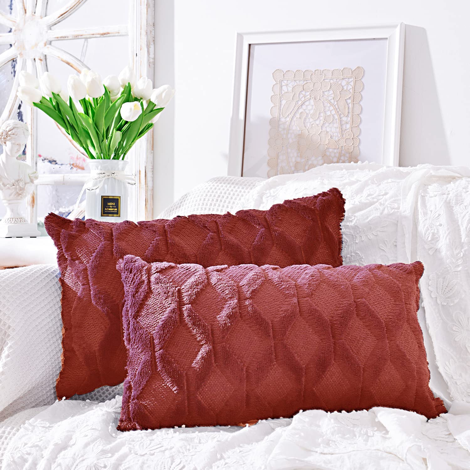 FANCY & STANCY Rectangular Lumbar Plush Throw Pillow Covers, Pack of 2 Luxury Soft Pillowcases, Solid Colors,12x20 inches pack of 2 throw pillows covers