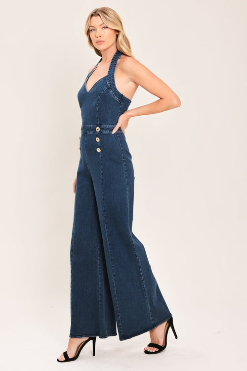 BLUE JEAN HALTER DENIM JUMPSUIT